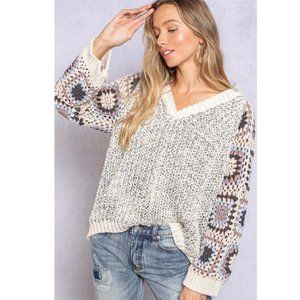 POL Chenille Granny Square Crochet Knit Sweater Beachy Bohemian Hoodie L NWT